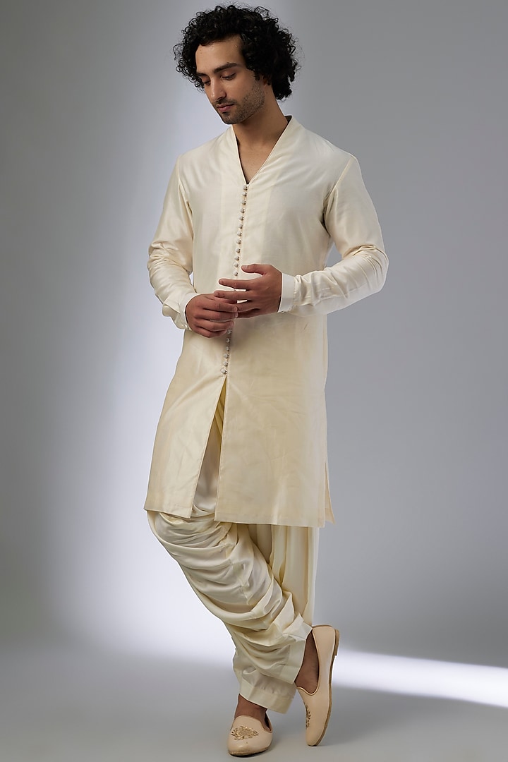 Ivory Silk Chanderi Button-Down Kurta Set by SALIL BHATIA