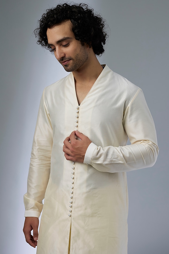 Ivory Silk Chanderi Button-Down Kurta Set by SALIL BHATIA at Pernia's Pop Up Shop