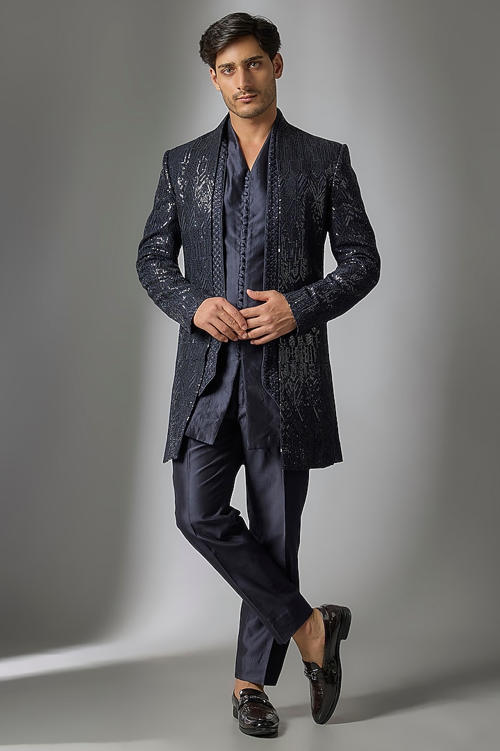 Blackish Blue Dola Silk Thread Embellished Wedding Indowestern Set by SALIL BHATIA at Pernia's Pop Up Shop