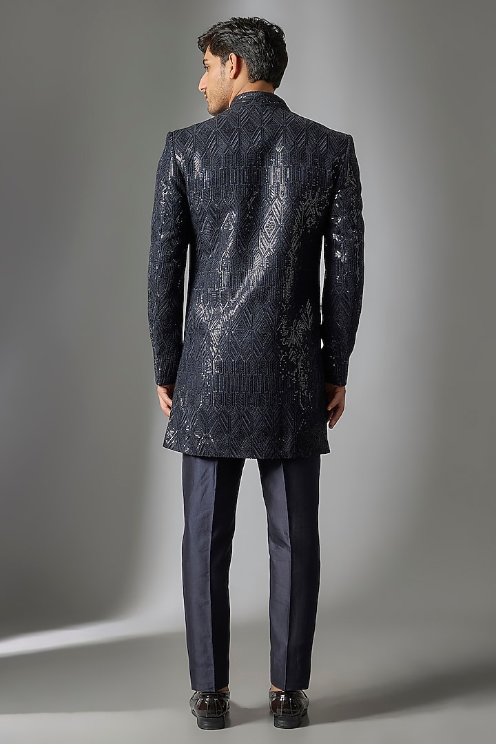 Blackish Blue Dola Silk Thread Embellished Wedding Indowestern Set by SALIL BHATIA at Pernia's Pop Up Shop