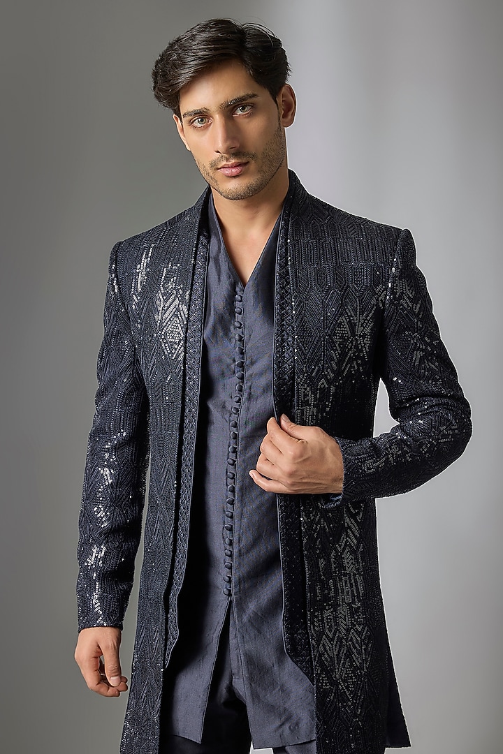 Blackish Blue Dola Silk Thread Embellished Wedding Indowestern Set by SALIL BHATIA at Pernia's Pop Up Shop
