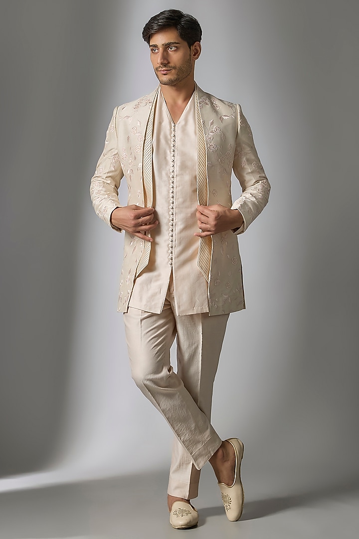Ivory Silk Threadwork Wedding Indowestern Set by SALIL BHATIA at Pernia's Pop Up Shop
