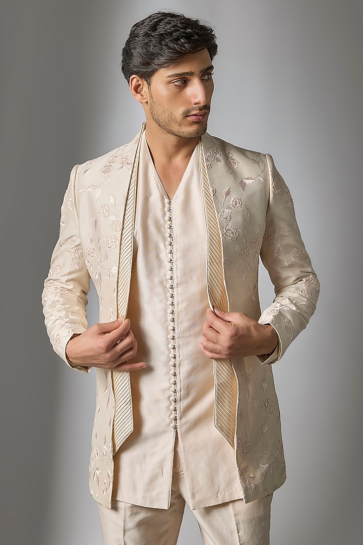 Ivory Silk Threadwork Wedding Indowestern Set by SALIL BHATIA at Pernia's Pop Up Shop