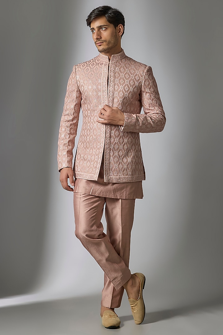 Dusty Pink Silk Embossed Threadwork Wedding Indowestern Set by SALIL BHATIA at Pernia's Pop Up Shop
