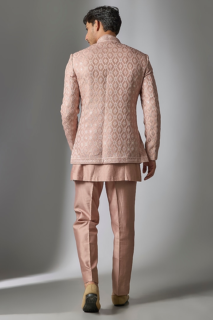 Dusty Pink Silk Embossed Threadwork Wedding Indowestern Set by SALIL BHATIA at Pernia's Pop Up Shop
