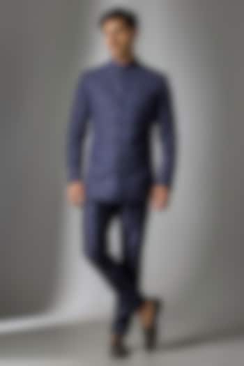 Dark Blue Silk Embossed Thread Embellished Wedding Bandhgala Set by SALIL BHATIA at Pernia's Pop Up Shop