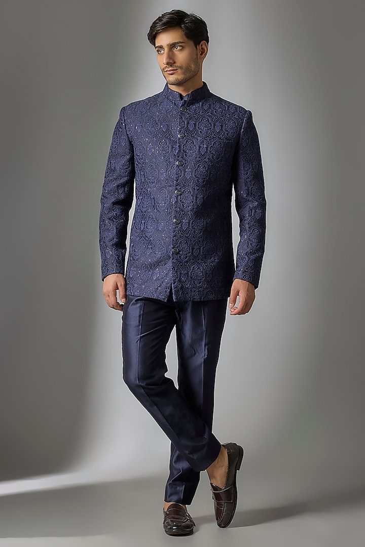 Dark Blue Silk Embossed Thread Embellished Wedding Bandhgala Set by SALIL BHATIA at Pernia's Pop Up Shop