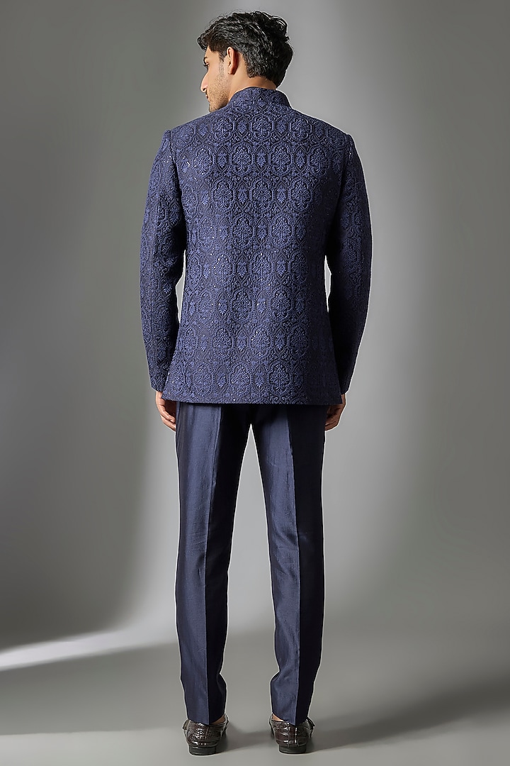 Dark Blue Silk Embossed Thread Embellished Wedding Bandhgala Set by SALIL BHATIA at Pernia's Pop Up Shop