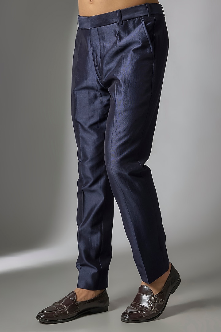 Dark Blue Silk Embossed Thread Embellished Wedding Bandhgala Set by SALIL BHATIA at Pernia's Pop Up Shop