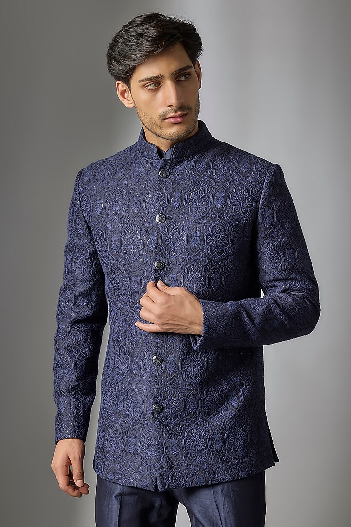 Dark Blue Silk Embossed Thread Embellished Wedding Bandhgala Set by SALIL BHATIA at Pernia's Pop Up Shop