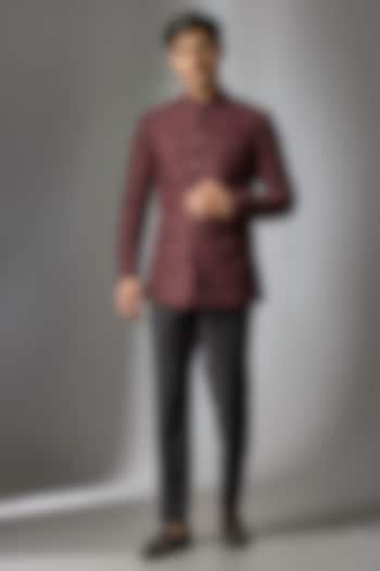 Wine Silk Chanderi Embossed Thread Embellished Wedding Bandhgala Set by SALIL BHATIA at Pernia's Pop Up Shop