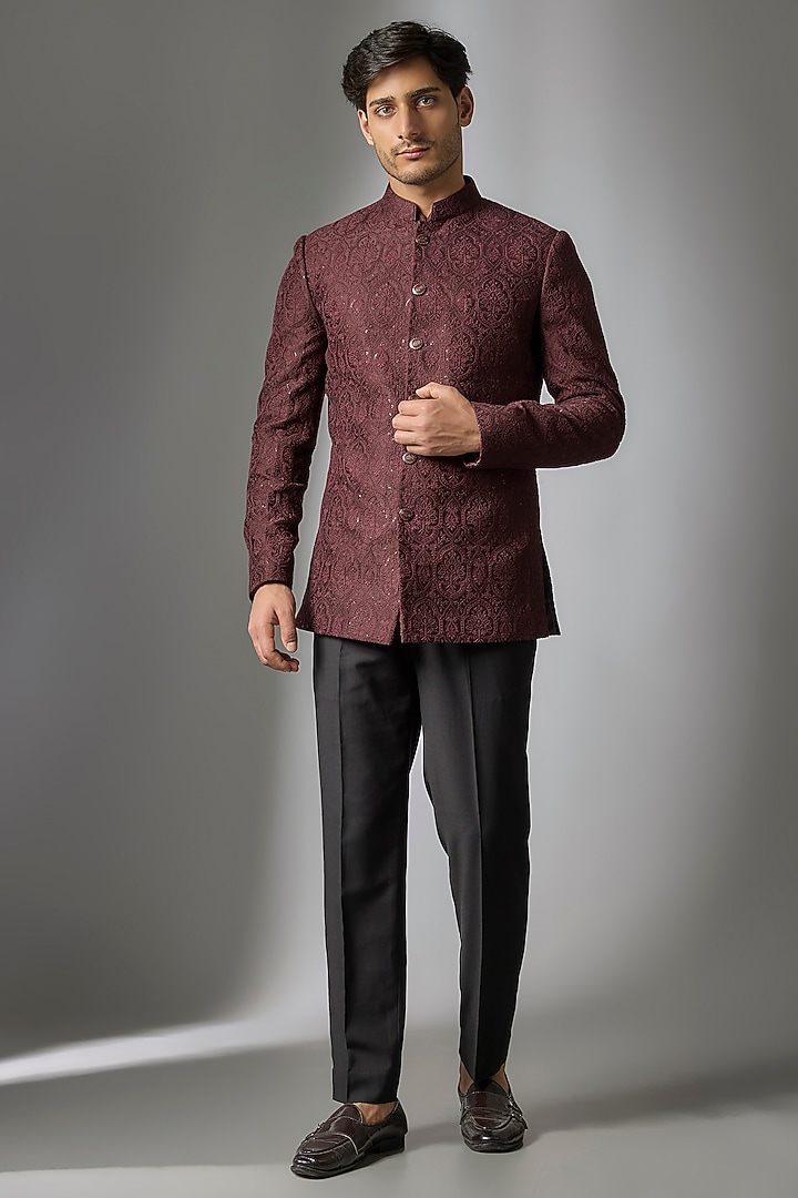 Wine Silk Chanderi Embossed Thread Embellished Wedding Bandhgala Set by SALIL BHATIA at Pernia's Pop Up Shop