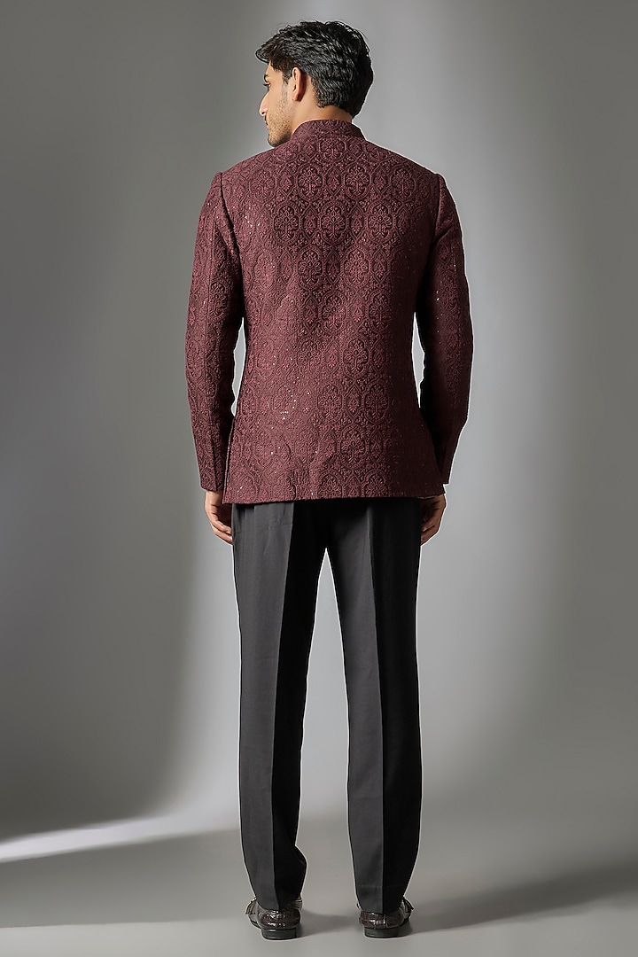 Wine Silk Chanderi Embossed Thread Embellished Wedding Bandhgala Set by SALIL BHATIA at Pernia's Pop Up Shop