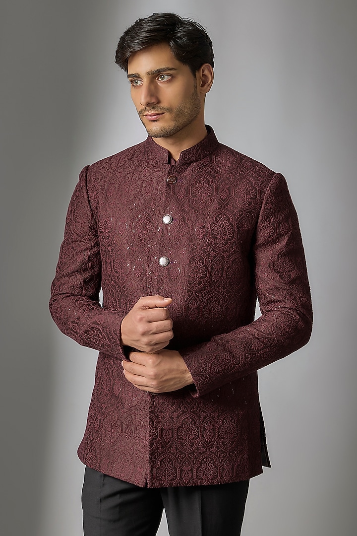Wine Silk Chanderi Embossed Thread Embellished Wedding Bandhgala Set by SALIL BHATIA at Pernia's Pop Up Shop