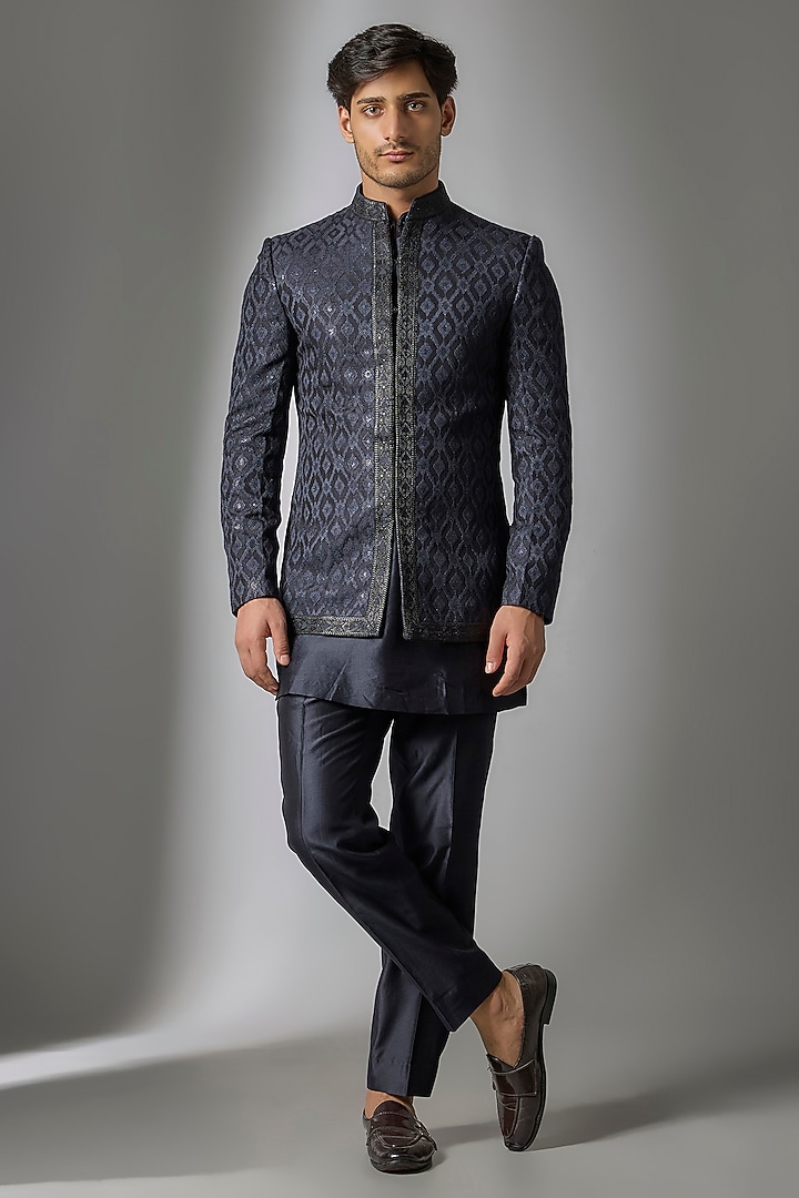 Dark Blue Silk Chanderi Zari Embellished Wedding Indowestern Set by SALIL BHATIA at Pernia's Pop Up Shop