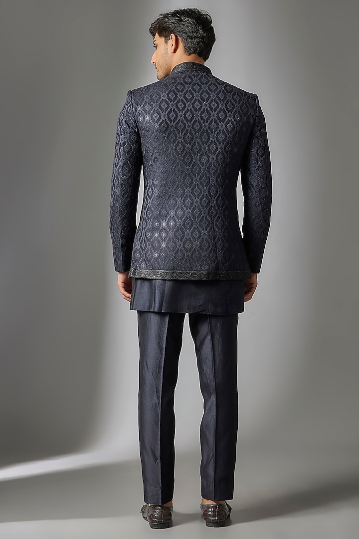 Dark Blue Silk Chanderi Zari Embellished Wedding Indowestern Set by SALIL BHATIA at Pernia's Pop Up Shop