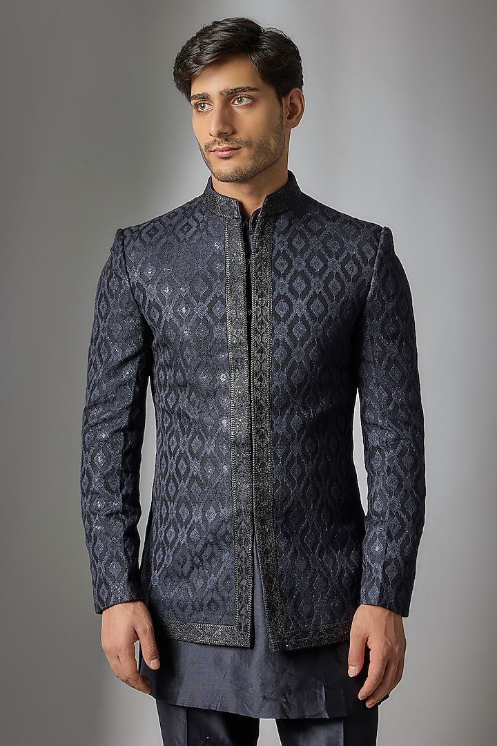 Dark Blue Silk Chanderi Zari Embellished Wedding Indowestern Set by SALIL BHATIA at Pernia's Pop Up Shop