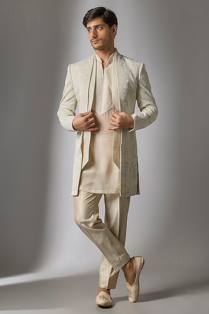 Ivory Jacquard Wedding Indowestern Set by SALIL BHATIA at Pernia's Pop Up Shop