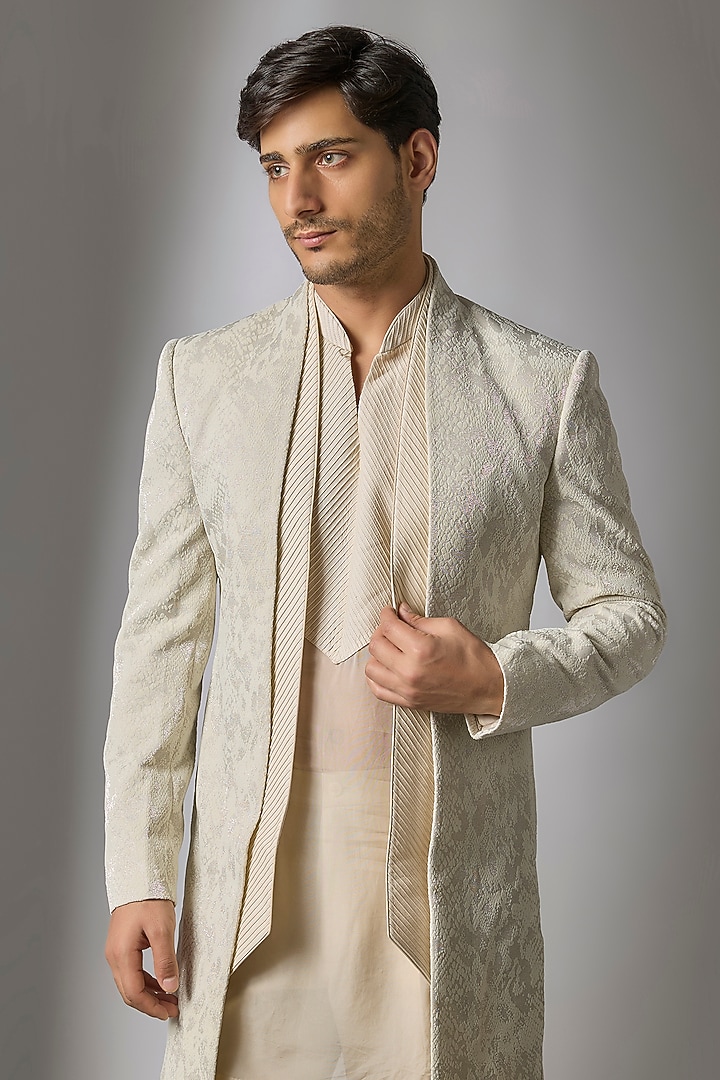 Ivory Jacquard Wedding Indowestern Set by SALIL BHATIA at Pernia's Pop Up Shop