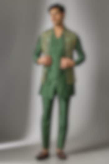 Mehendi Green Chinon Zari Embellished Open Jacket Set by SALIL BHATIA at Pernia's Pop Up Shop