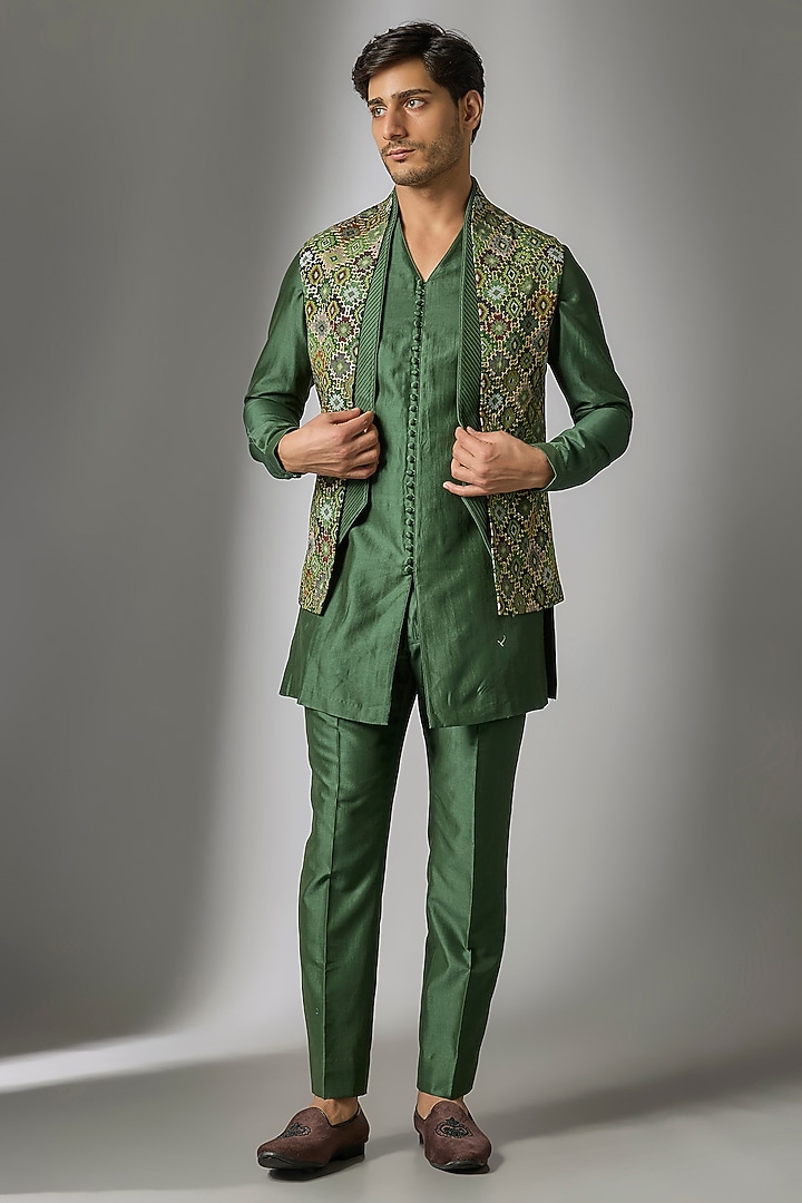 Mehendi Green Chinon Zari Embellished Open Jacket Set by SALIL BHATIA at Pernia's Pop Up Shop