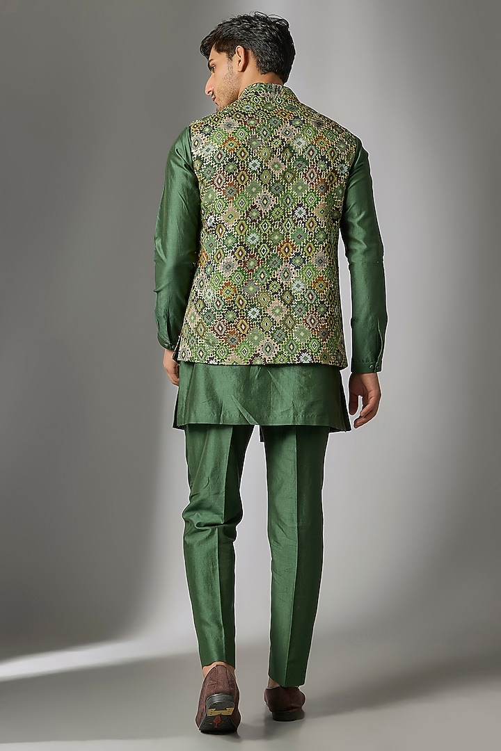 Mehendi Green Chinon Zari Embellished Open Jacket Set by SALIL BHATIA at Pernia's Pop Up Shop