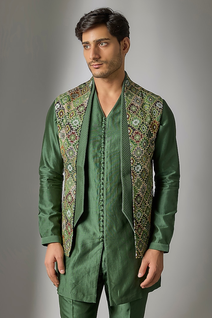 Mehendi Green Chinon Zari Embellished Open Jacket Set by SALIL BHATIA at Pernia's Pop Up Shop