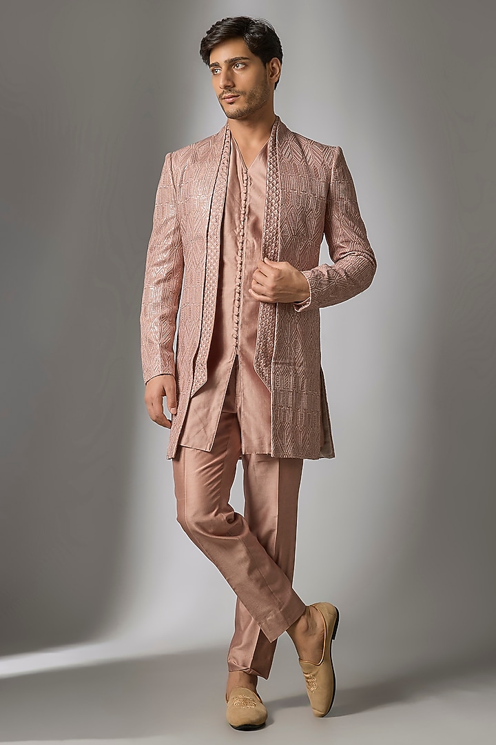 Pink Dola Silk Thread Embellished Wedding Indowestern Set by SALIL BHATIA at Pernia's Pop Up Shop