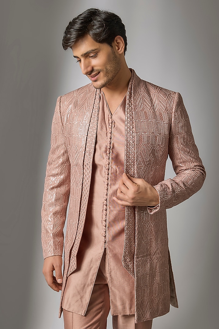 Pink Dola Silk Thread Embellished Wedding Indowestern Set by SALIL BHATIA at Pernia's Pop Up Shop