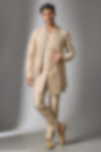 Beige Silk Chanderi Thread Embellished Wedding Indowestern Set by SALIL BHATIA at Pernia's Pop Up Shop