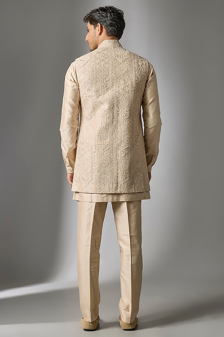 Beige Silk Chanderi Thread Embellished Wedding Indowestern Set by SALIL BHATIA at Pernia's Pop Up Shop