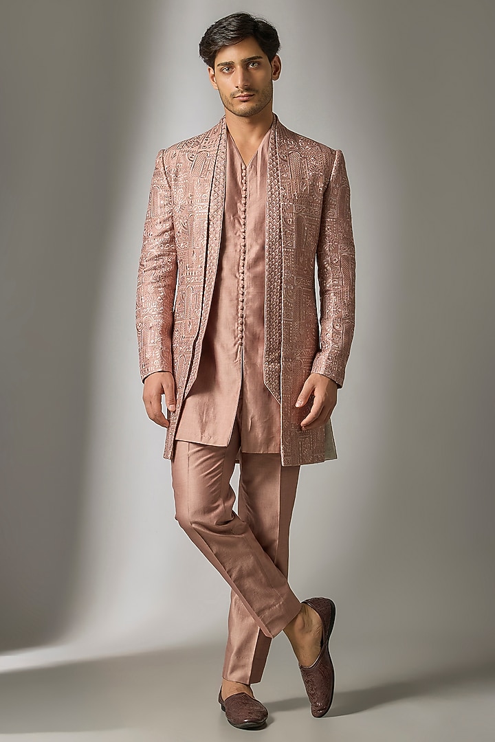 Dusty Pink Dola Silk Thread Embellished Wedding Indowestern Set by SALIL BHATIA at Pernia's Pop Up Shop