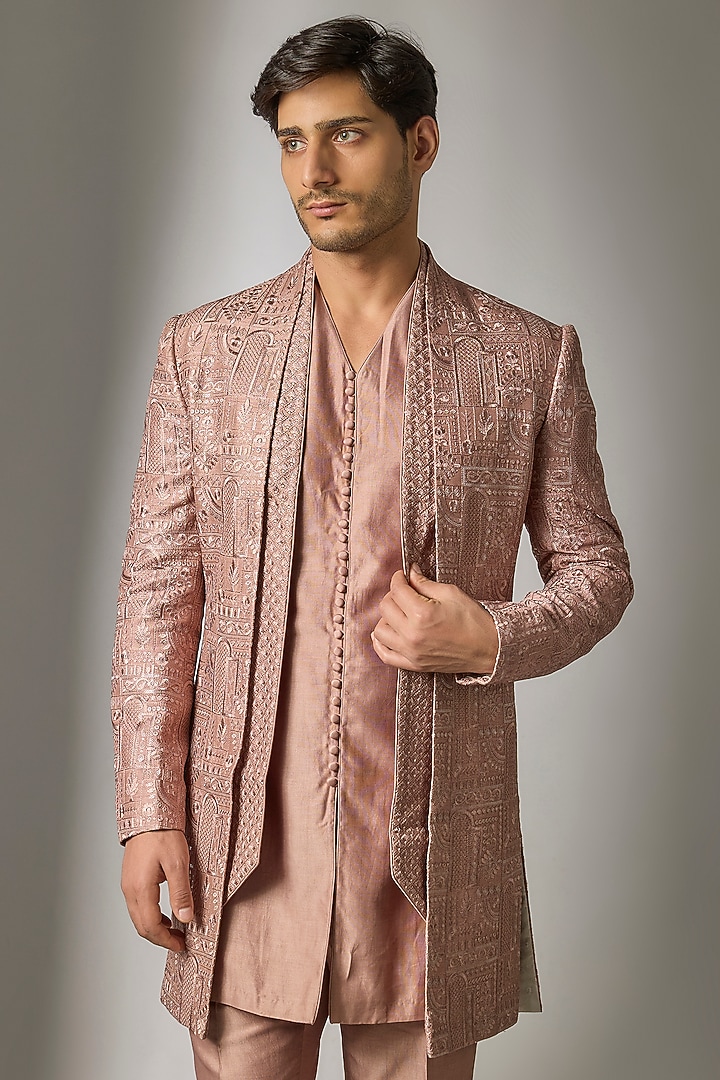 Dusty Pink Dola Silk Thread Embellished Wedding Indowestern Set by SALIL BHATIA at Pernia's Pop Up Shop