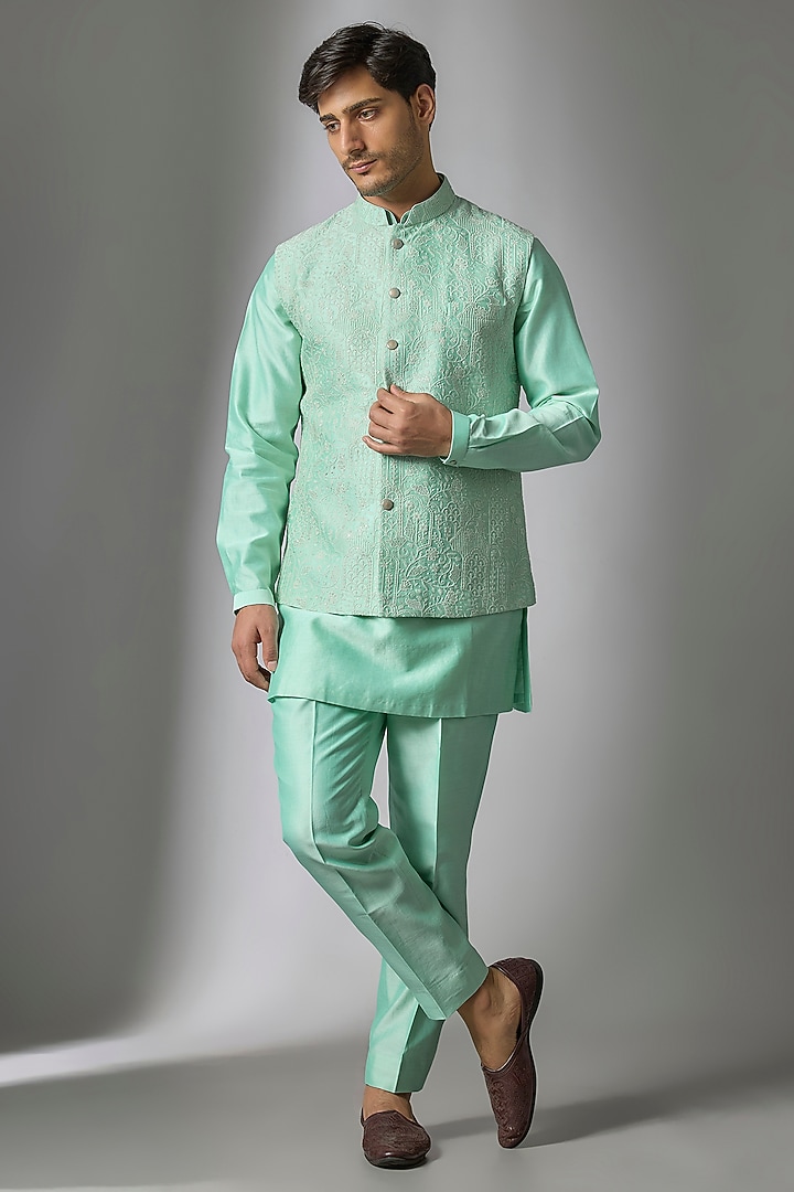 Turquoise Silk Chanderu Sequin Embellished Nehru Jacket Set by SALIL BHATIA at Pernia's Pop Up Shop