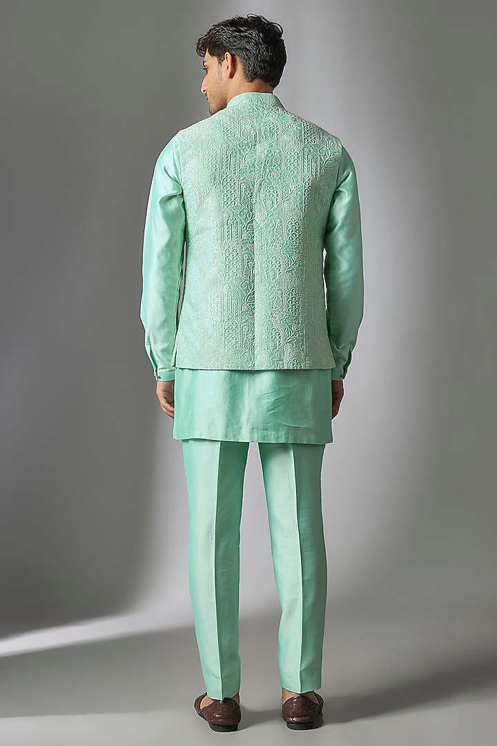 Turquoise Silk Chanderu Sequin Embellished Nehru Jacket Set by SALIL BHATIA at Pernia's Pop Up Shop