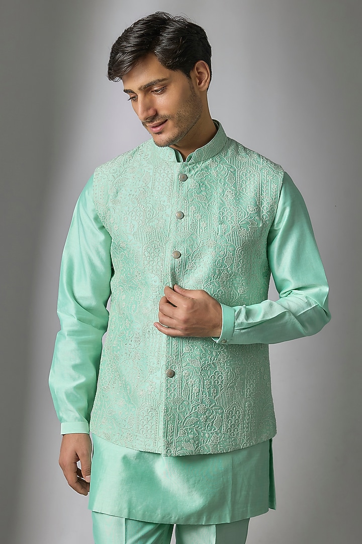 Turquoise Silk Chanderu Sequin Embellished Nehru Jacket Set by SALIL BHATIA at Pernia's Pop Up Shop