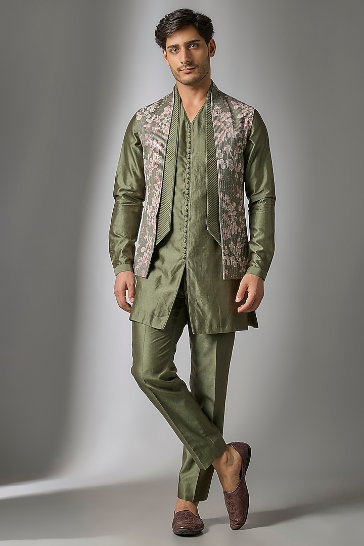 Mehendi Green Georgette Thread Embellished Wedding Indowestern Jacket Set by SALIL BHATIA at Pernia's Pop Up Shop
