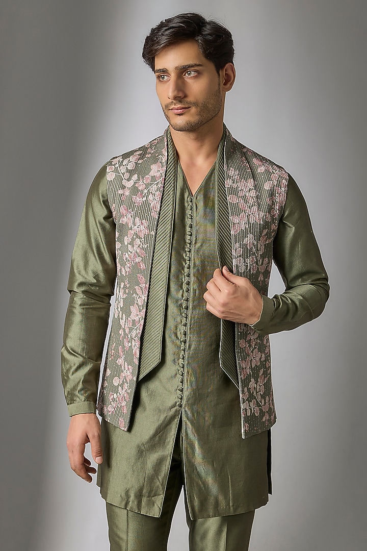 Mehendi Green Georgette Thread Embellished Wedding Indowestern Jacket Set by SALIL BHATIA at Pernia's Pop Up Shop