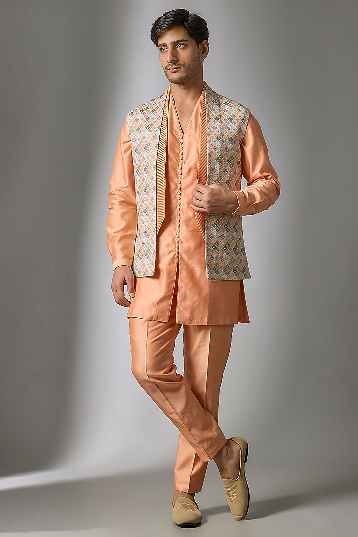Peach Georgette Thread Embellished Wedding Indowestern Jacket Set by SALIL BHATIA at Pernia's Pop Up Shop