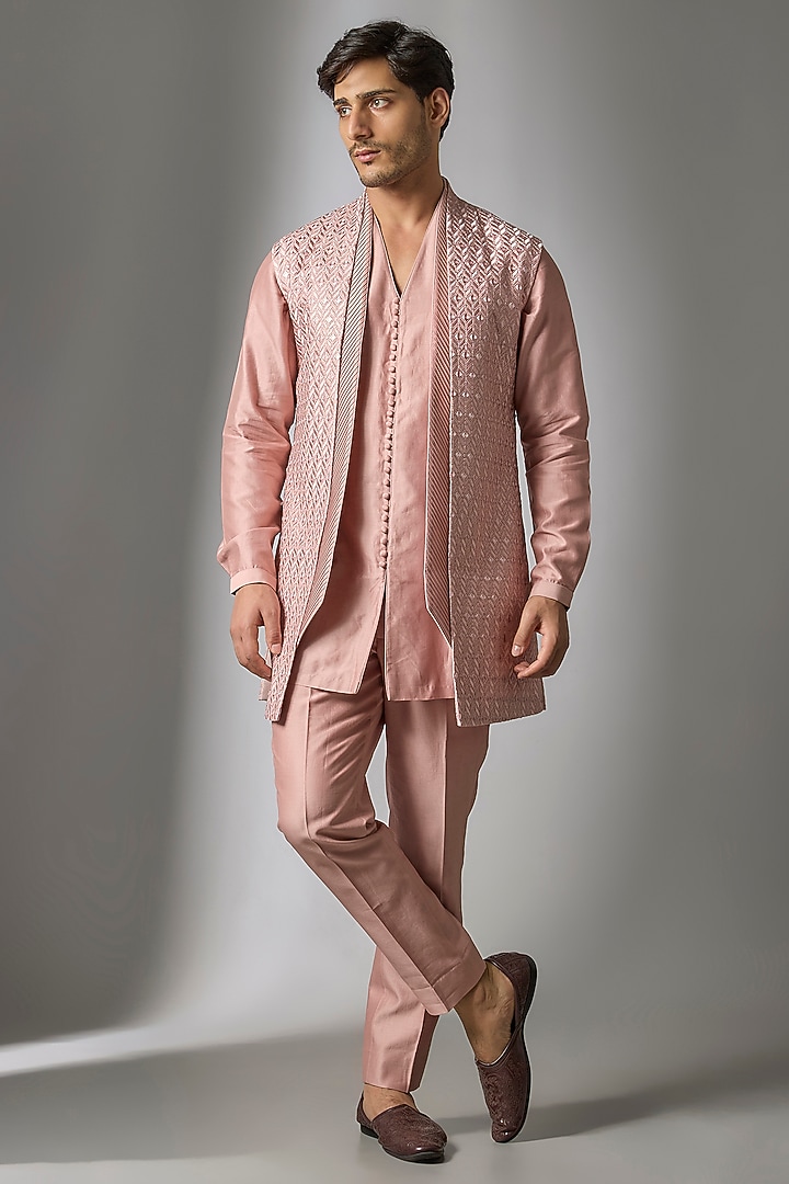 Dusty Pink Silk Chanderi Thread Embellished Wedding Indowestern Set by SALIL BHATIA at Pernia's Pop Up Shop