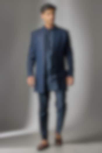 Dark Blue Jacquard Wedding Indowestern Set by SALIL BHATIA at Pernia's Pop Up Shop