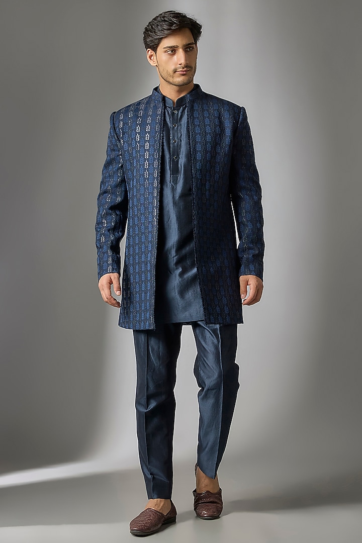 Dark Blue Jacquard Wedding Indowestern Set by SALIL BHATIA at Pernia's Pop Up Shop