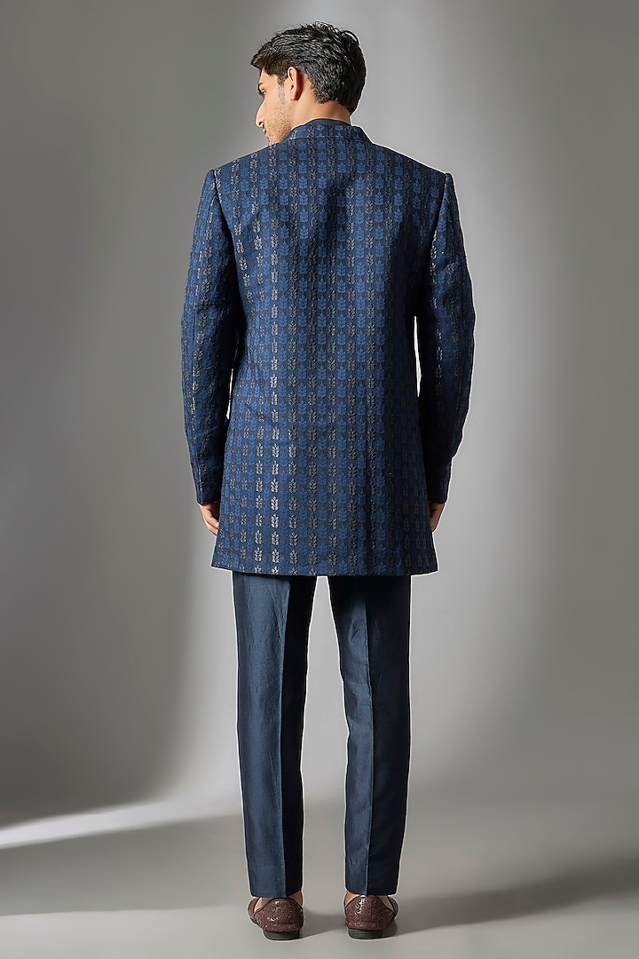 Dark Blue Jacquard Wedding Indowestern Set by SALIL BHATIA at Pernia's Pop Up Shop