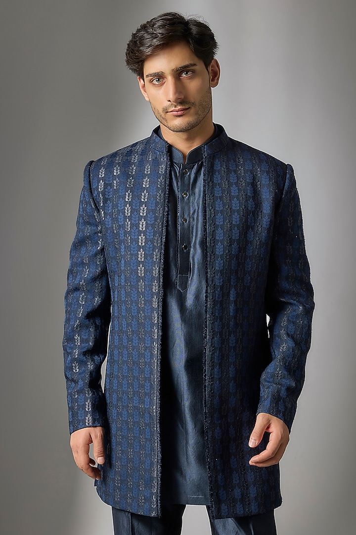 Dark Blue Jacquard Wedding Indowestern Set by SALIL BHATIA at Pernia's Pop Up Shop