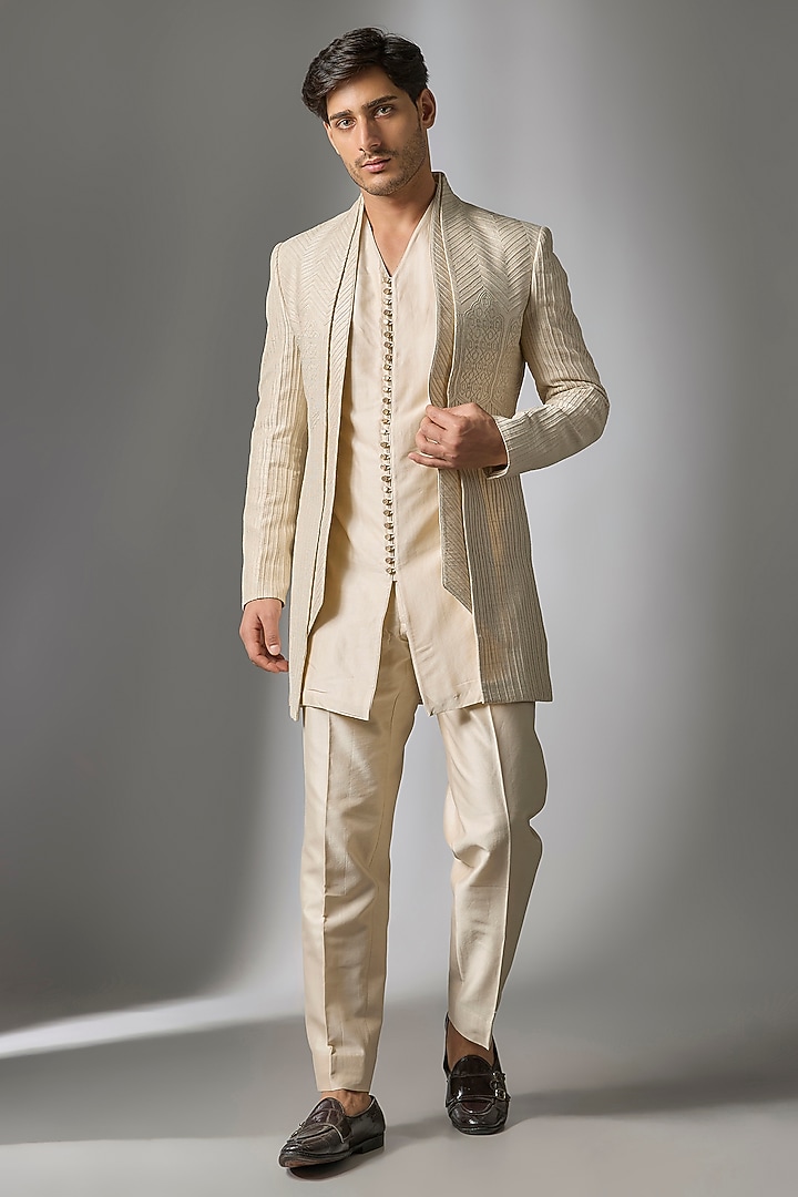 Ivory Raw Silk Zari Embroidered Wedding Indowestern Set by SALIL BHATIA at Pernia's Pop Up Shop