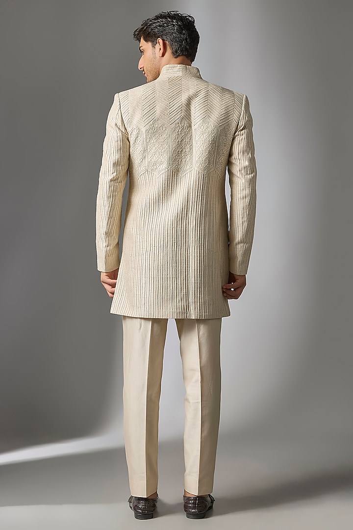 Ivory Raw Silk Zari Embroidered Wedding Indowestern Set by SALIL BHATIA at Pernia's Pop Up Shop