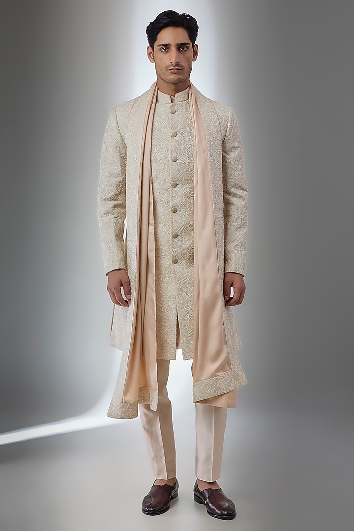 Champagne Gold Silk Thread Work Groom Sherwani Set by SALIL BHATIA at Pernia's Pop Up Shop