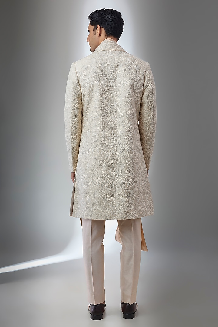 Champagne Gold Silk Thread Work Groom Sherwani Set by SALIL BHATIA at Pernia's Pop Up Shop