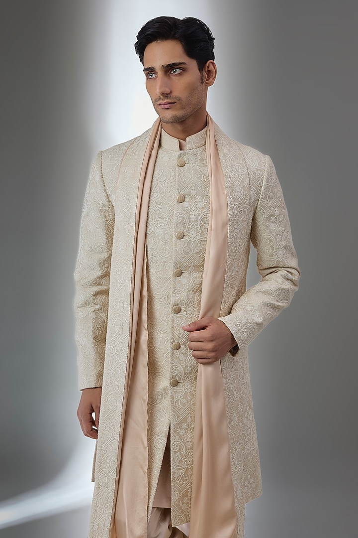 Champagne Gold Silk Thread Work Groom Sherwani Set by SALIL BHATIA at Pernia's Pop Up Shop