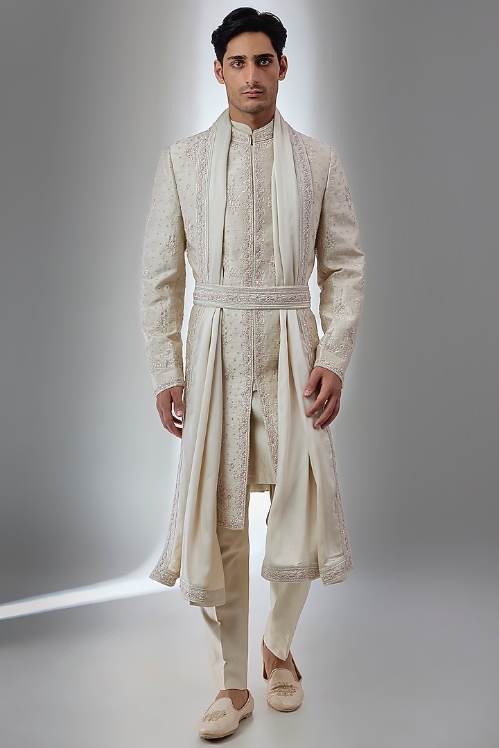Gold Raw Silk Thread Hand Embroidered Groom Sherwani Set by SALIL BHATIA at Pernia's Pop Up Shop